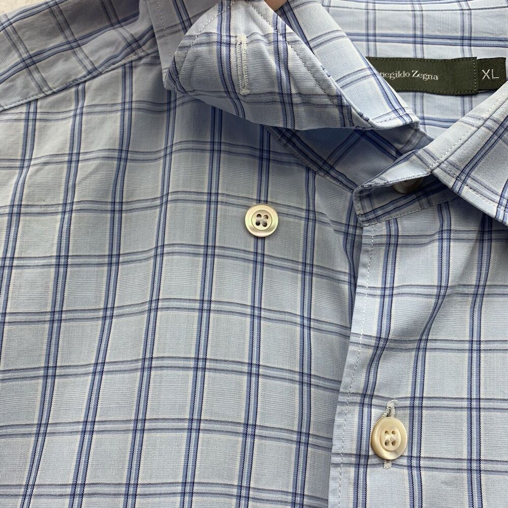Ermenegildo Zegna Dress Shirt Mens XL X-Large Light Blue‎ Check Preppy Designer - Picture 2 of 11